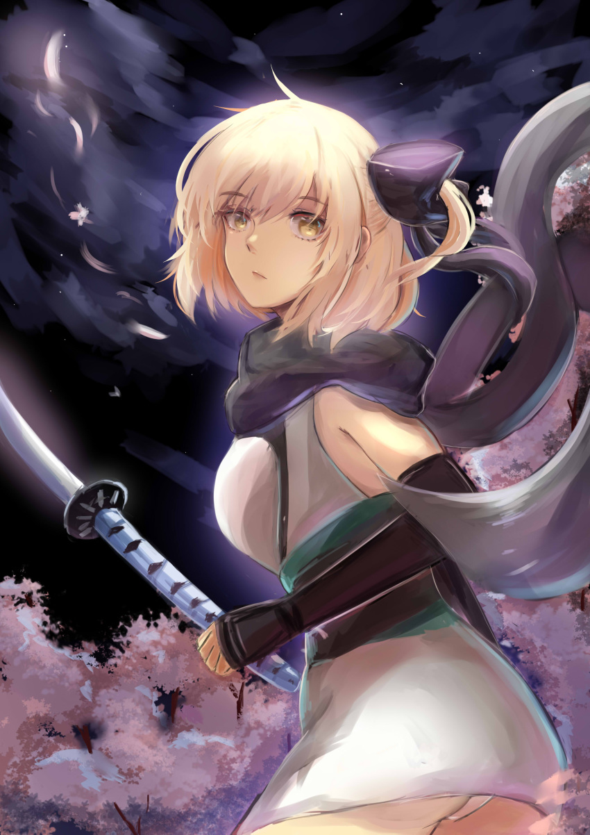 1girl absurdres arm_guards ass black_bow blonde_hair bow cherry_blossoms fate/grand_order fate_(series) hair_bow highres looking_back night okita_souji_(fate) panties rekung scarf solo underwear white_panties window yellow_eyes