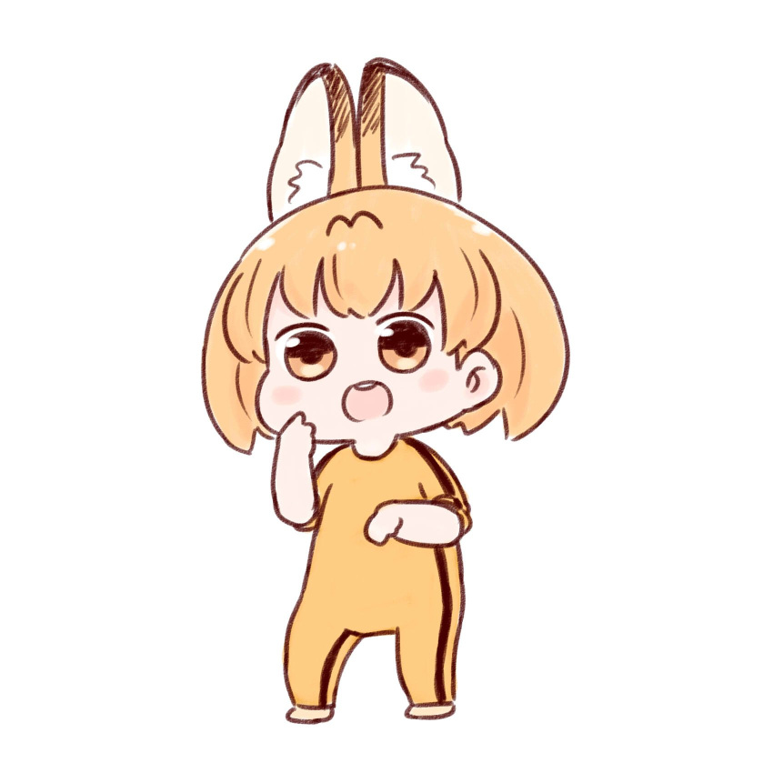 1girl :d alternate_costume animal_ears batta_(ijigen_debris) blush blush_stickers chibi commentary_request hand_up highres kemono_friends looking_at_viewer open_mouth orange_eyes orange_hair round_teeth serval_(kemono_friends) serval_ears short_hair simple_background smile solo standing teeth track_suit white_background