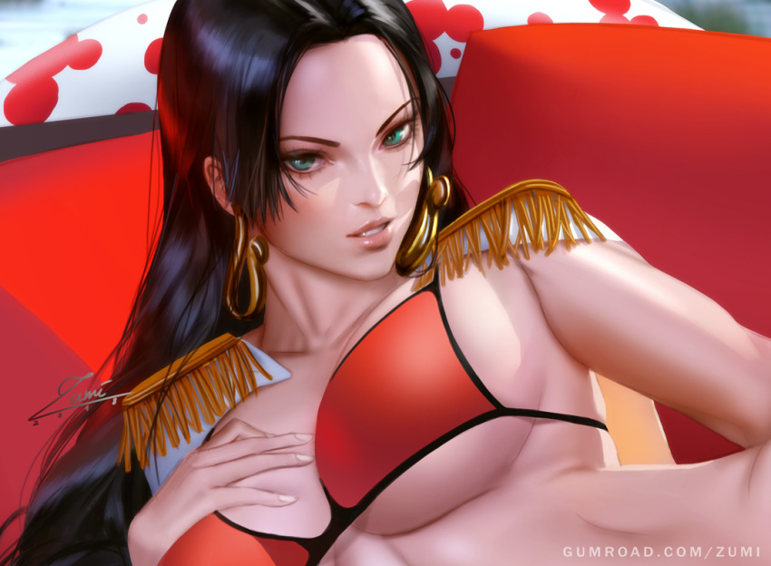 1girl amazon aqua_eyes banned_artist black_hair boa_hancock breasts cleavage earrings epaulettes hand_on_breast jewelry large_breasts long_hair one_piece pink_lips red_bikini_top salome_(one_piece) shichibukai snake snake_earrings zumi_(zumidraws)