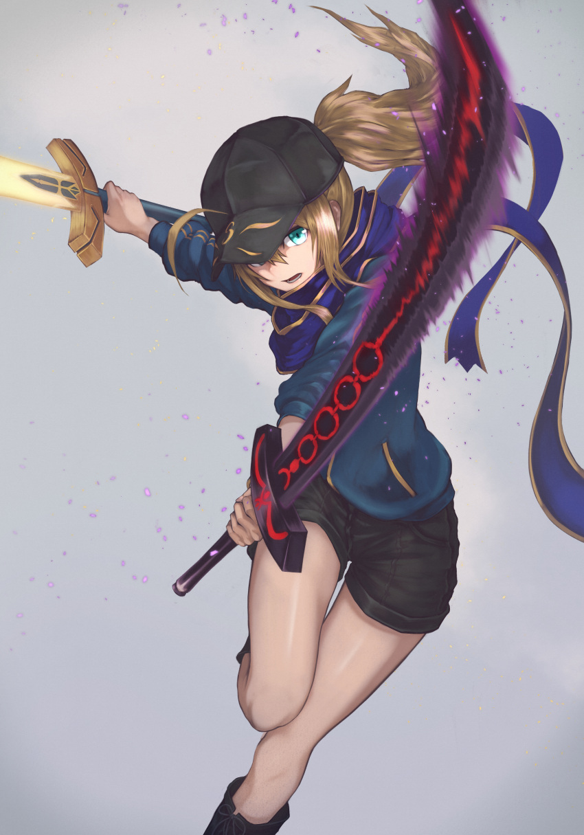 1girl absurdres ahoge artoria_pendragon_(all) black_footwear black_hat black_shorts blonde_hair blue_jacket blue_scarf boots dark_excalibur dual_wielding excalibur fate/grand_order fate_(series) floating_hair green_eyes grey_background hair_between_eyes hat highres holding holding_sword holding_weapon jacket long_hair looking_at_viewer mysterious_heroine_x one_leg_raised ponytail scarf shiny shiny_skin short_shorts shorts sidelocks simple_background solo sword weapon yasu_(segawahiroyasu)