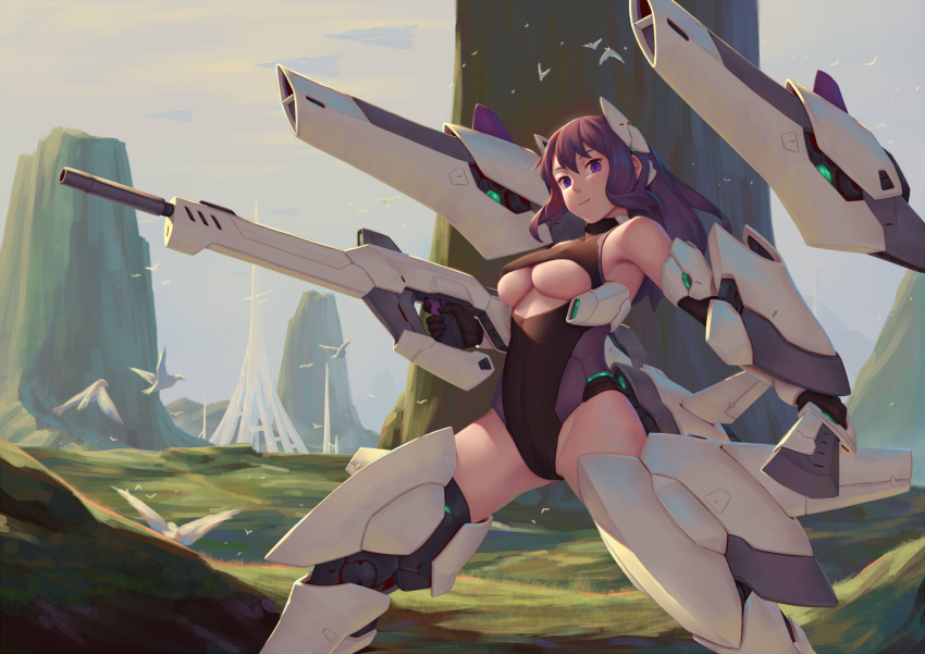 1girl alice_gear_aegis armor bare_shoulders bigrbear bird boots breasts cannon closed_mouth clouds cloudy_sky day dove flock headgear highres large_breasts legs_apart leotard long_hair looking_at_viewer mecha_musume nikotama_mai outdoors purple_hair revision science_fiction sky smile solo space_craft standing under_boob violet_eyes