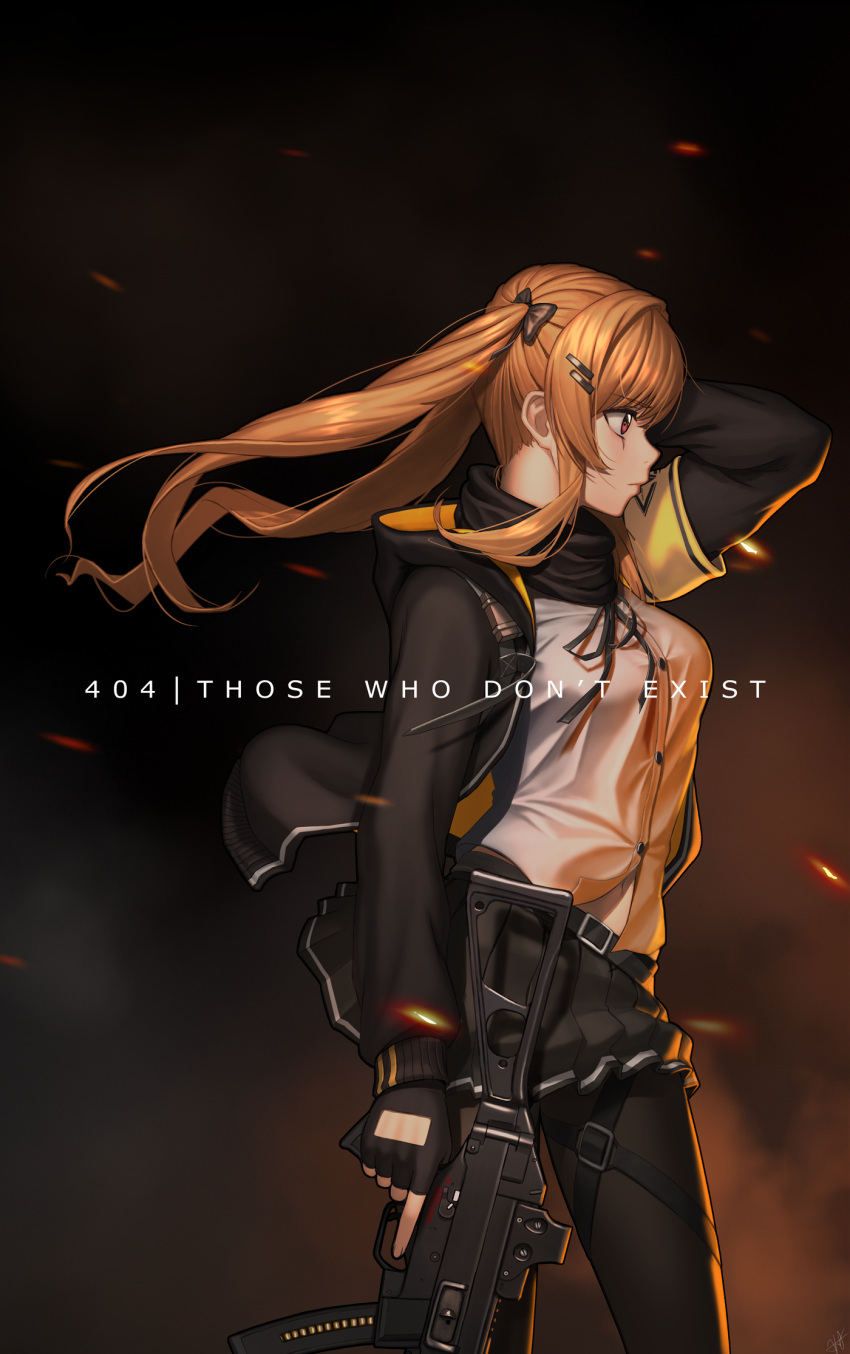 1girl ahd armband bangs black_gloves black_jacket black_scarf blush breasts brown_eyes brown_hair closed_mouth commentary_request eyebrows_visible_through_hair fingerless_gloves floating_hair from_side girls_frontline gloves gun h&amp;k_ump h&amp;k_ump9 hair_ornament hairclip hand_in_hair heckler_&amp;_koch highres holding holding_gun holding_weapon hood hood_down hooded_jacket jacket long_hair looking_afar medium_breasts neck_ribbon pantyhose pleated_skirt revision ribbon scarf shirt signature skirt solo submachine_gun text_focus thigh_strap trigger_discipline twintails ump9_(girls_frontline) weapon white_shirt wind wind_lift
