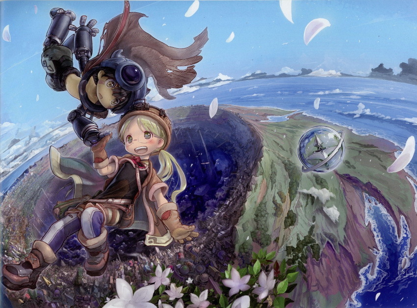 1boy 1girl blonde_hair blue_eyes blush brown_hair day feathers flower flying glasses gloves hat highres island long_hair looking_at_another made_in_abyss official_art open_mouth outdoors petals regu_(made_in_abyss) riko_(made_in_abyss) short_hair sky smile star_compass tsukushi_akihito twintails whistle whistle_around_neck yellow_eyes