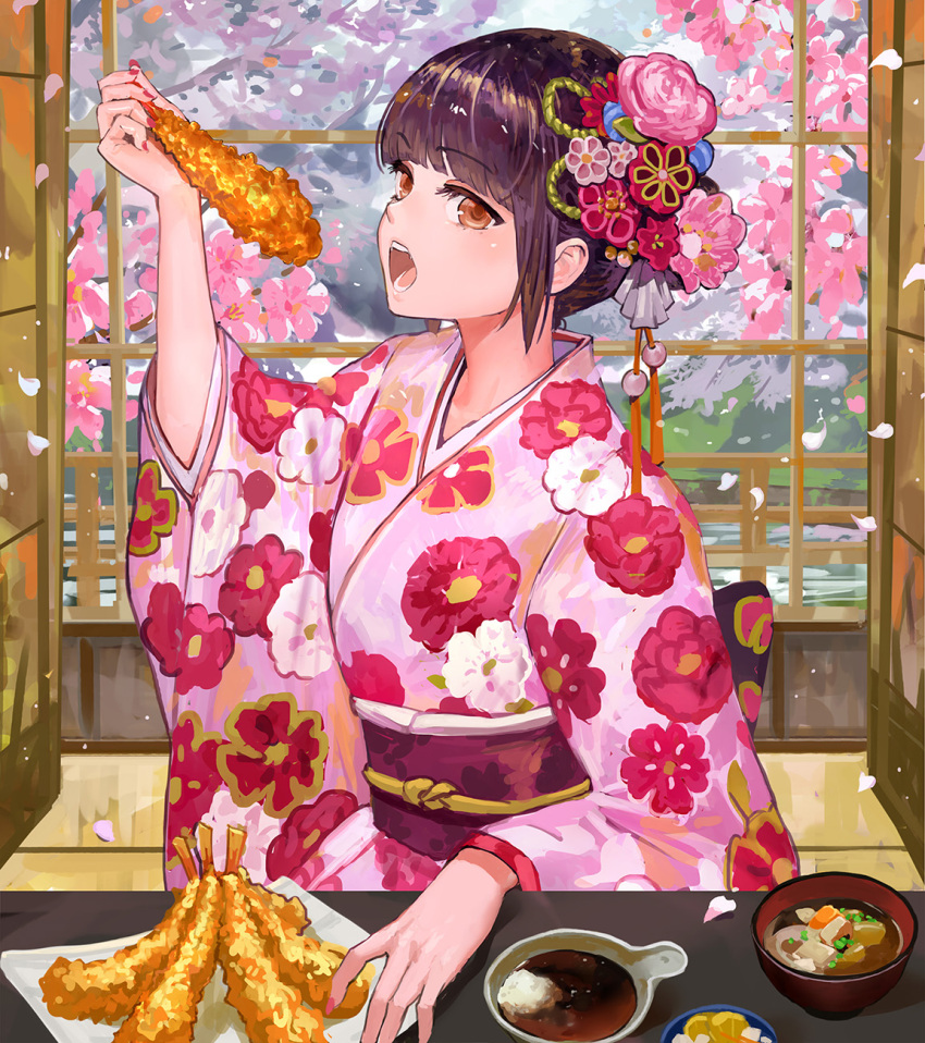 1girl arm_up bangs blush bowl brown_eyes brown_hair commentary_request danann day eyebrows_visible_through_hair fingernails floral_print flower food hair_flower hair_ornament highres holding holding_food indoors japanese_clothes kimono long_sleeves looking_at_viewer looking_to_the_side nail_polish obi open_mouth original petals pink_flower pink_kimono pink_nails pink_rose print_kimono rose sash sidelocks solo tempura upper_teeth water wide_sleeves window