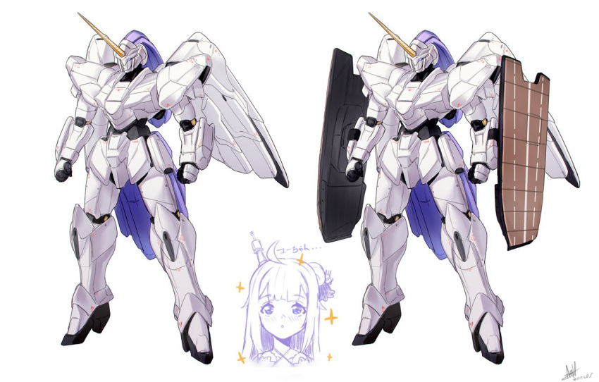 1girl ahoge azur_lane blush edward_montenegro gundam gundam_unicorn hair_bun hair_ribbon long_hair looking_at_viewer mecha one_side_up ribbon side_bun signature simple_background solo sparkle translated unicorn_(azur_lane) white_background