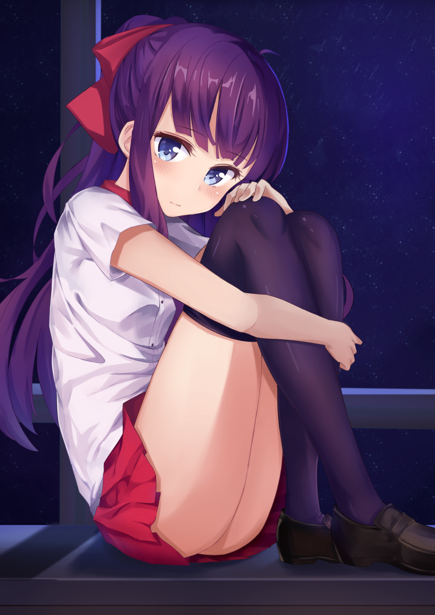 1girl absurdres black_legwear blue_eyes blush closed_mouth commentary eyebrows_visible_through_hair hair_ribbon highres long_hair looking_at_viewer new_game! night night_sky purple_hair rain red_ribbon red_skirt ribbon short_sleeves sitting skirt sky solo takimoto_hifumi thigh-highs window yoruka_kii