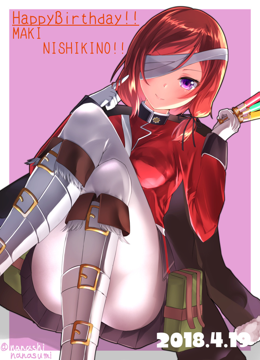 between_legs black_ribbon black_skirt boots breasts buckle character_name closed_mouth convenient_leg cosplay dated eyepatch fate/grand_order fate_(series) feet_out_of_frame florence_nightingale_(fate/grand_order) florence_nightingale_(fate/grand_order)_(cosplay) fur-trimmed_boots fur_trim gloves hair_ribbon hair_twirling happy_birthday highres knee_boots legs_crossed lips long_sleeves looking_at_viewer love_live! love_live!_school_idol_project medium_breasts medium_hair military military_uniform miniskirt nanasumin nishikino_maki one_eye_covered outside_border pantyhose pink_background pouch redhead ribbon simple_background skirt smile twitter_username uniform violet_eyes white_footwear white_gloves white_legwear