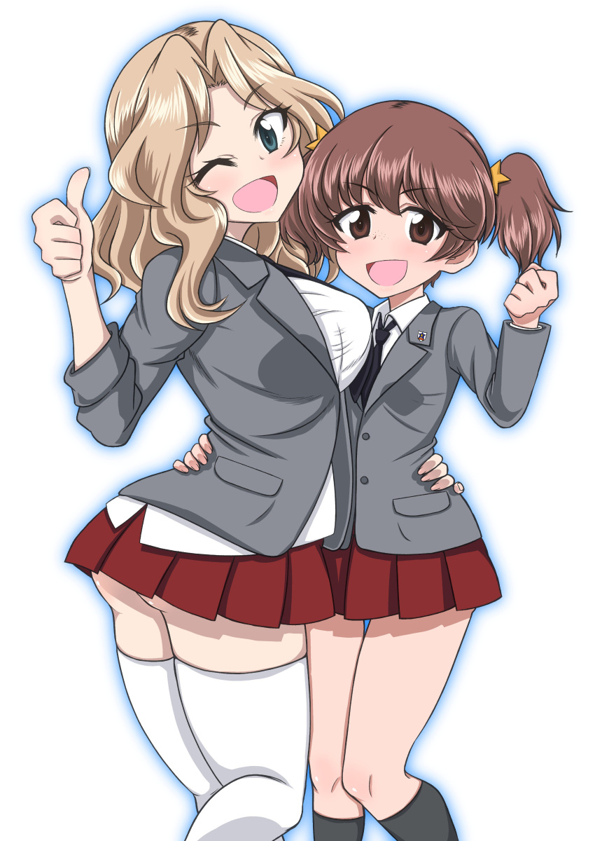 2girls ;d absurdres alisa_(girls_und_panzer) arched_back arm_around_waist ass bangs black_legwear black_neckwear blazer blonde_hair blouse blue_eyes breasts brown_eyes brown_hair clenched_hand commentary dress_shirt emblem eyebrows_visible_through_hair flat_chest freckles girls_und_panzer grey_jacket hair_intakes hair_ornament head_tilt highres jacket kay_(girls_und_panzer) kentarou_(ken-chan_no_tokoro) kneehighs large_breasts long_hair long_sleeves looking_at_viewer microskirt miniskirt multiple_girls mutual_hug necktie one_eye_closed open_clothes open_jacket open_mouth pleated_skirt red_skirt saunders_(emblem) saunders_school_uniform school_uniform shirt short_hair short_twintails simple_background skirt sleeves_rolled_up smile standing star star_hair_ornament thigh-highs thumbs_up twintails v-shaped_eyebrows white_background white_blouse white_legwear white_shirt zettai_ryouiki