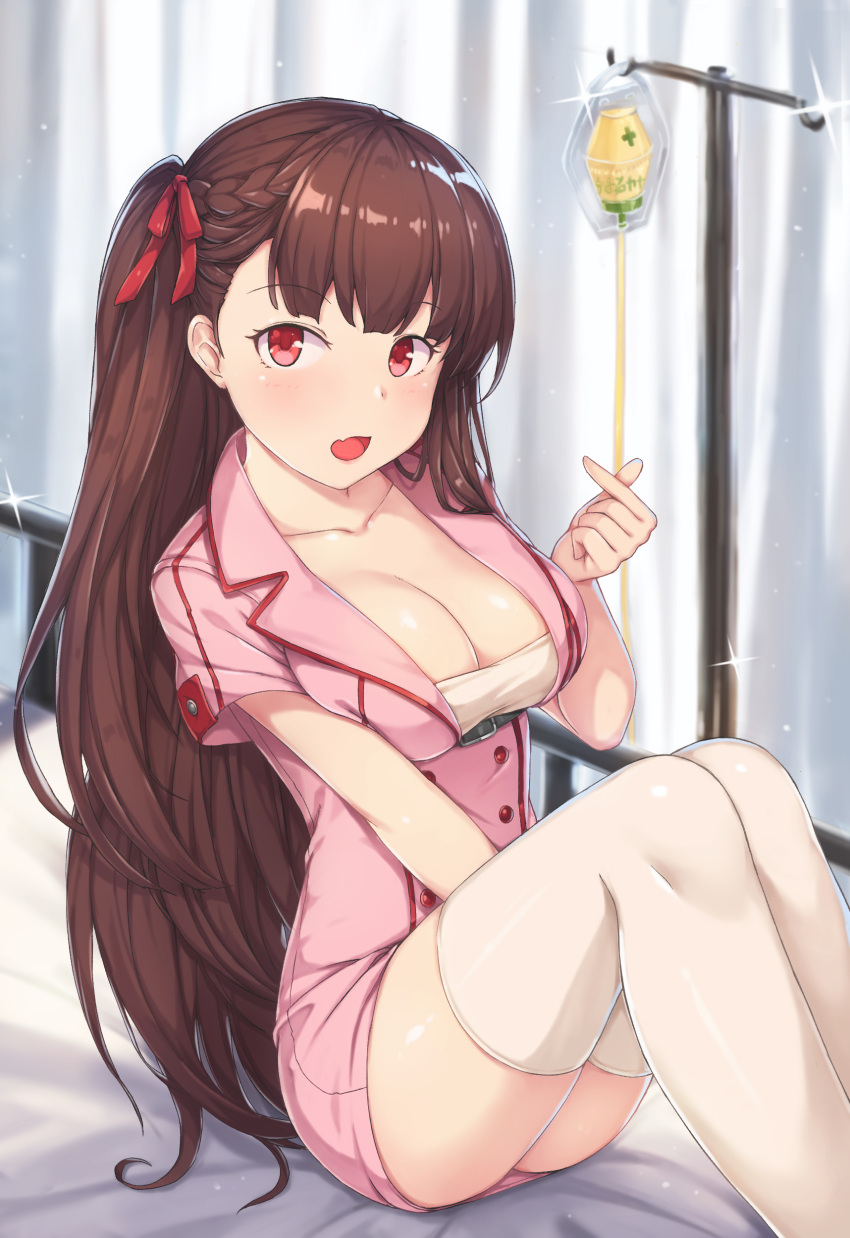 1girl absurdres braid breasts brown_hair cleavage feet_out_of_frame garter_belt garter_straps girls_frontline hallohi hand_up highres inside intravenous_drip knees_up large_breasts long_hair looking_at_viewer nurse on_bed open_mouth red_eyes sitting solo sparkle very_long_hair wa2000_(girls_frontline) white_legwear