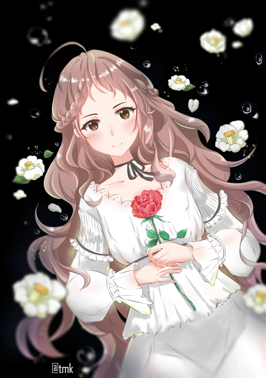 1girl absurdres ahoge black_background blush braid brown_eyes brown_hair charlotte_abelfreyja_drossel crown_braid dress flower highres holding holding_flower long_hair looking_at_viewer smile solo tamako-(tmk) violet_evergarden white_dress