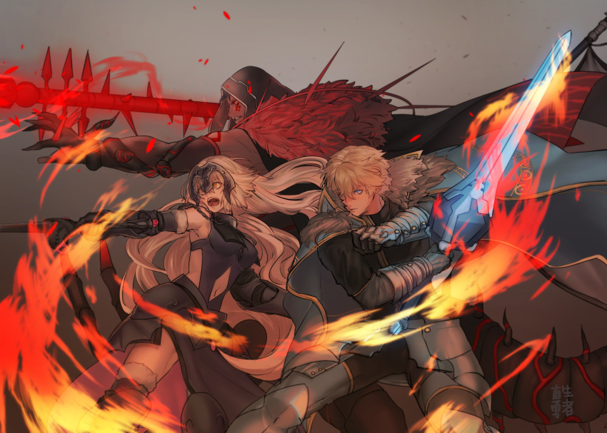 1girl 2boys armor armored_dress blonde_hair blue_eyes cape clenched_teeth cu_chulainn_alter_(fate/grand_order) excalibur_galatine facepaint facial_mark fate/grand_order fate_(series) fur_trim gae_bolg gawain_(fate/grand_order) gloves grey_background headpiece highres holding holding_spear holding_sword holding_weapon hood jeanne_d'arc_(alter)_(fate) jeanne_d'arc_(fate)_(all) lancer long_hair multiple_boys polearm red_eyes serious simple_background spear spikes sword tattoo teeth thigh-highs weapon yellow_eyes yuusya27
