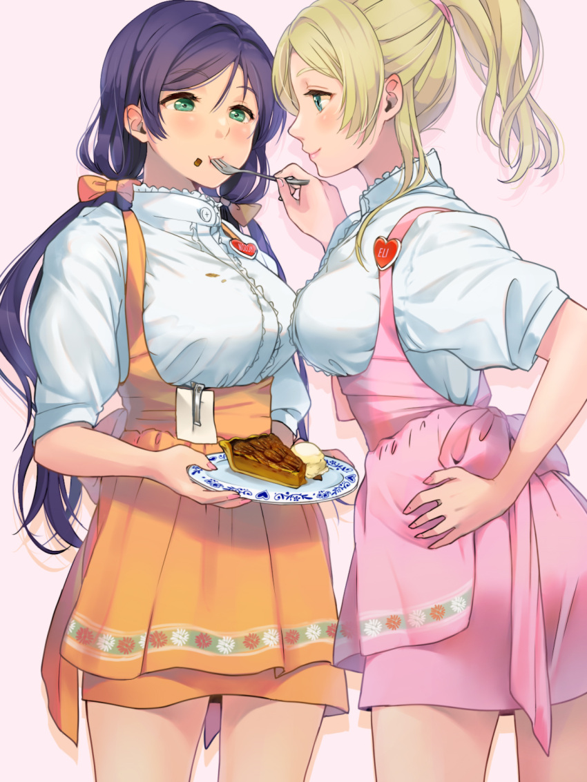 2girls ayase_eli blonde_hair blue_eyes blush bow breasts dessert dress eating feeding food food_on_face fork green_eyes hair_bow hair_tie hand_on_hip heart highres holding holding_plate ice_cream idol kate_iwana large_breasts legs love_live! love_live!_school_idol_project low_twintails multiple_girls name_tag orange_dress pecan_pie pie pink_dress plate ponytail purple_hair shirt smile stain toujou_nozomi twintails waitress white_shirt yuri