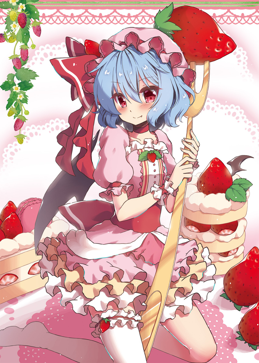 1girl beni_kurage blue_hair blush cake choker collarbone commentary_request dress eyebrows_visible_through_hair fang fang_out food fork frilled_dress frills fruit hair_between_eyes hat hat_ribbon highres holding holding_fork kneeling leaf leg_garter looking_at_viewer macaron mob_cap nail_polish no_shoes petticoat pink_dress pink_hat pink_nails puffy_short_sleeves puffy_sleeves red_choker red_eyes red_ribbon red_sash remilia_scarlet ribbon short_hair short_sleeves single_thighhigh smile solo strawberry thigh-highs touhou white_legwear wrist wrist_cuffs