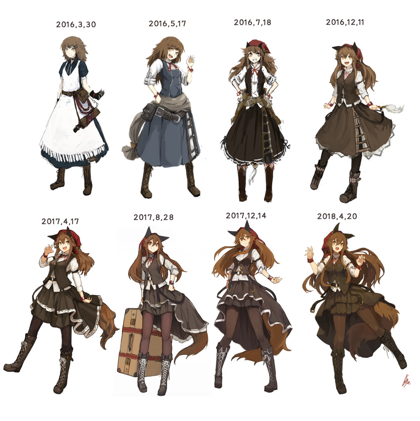 1girl :d animal_ears apron belt black_gloves black_skirt blue_skirt boots brown_footwear brown_hair brown_legwear brown_vest gloves grin hair_between_eyes hand_up head_scarf highres lansane long_hair long_sleeves looking_at_viewer open_mouth orange_eyes original pantyhose pouch progress simple_background skirt smile solo standing suitcase tail tsana_(lansane) vest waving white_background wolf_ears wolf_tail wristband