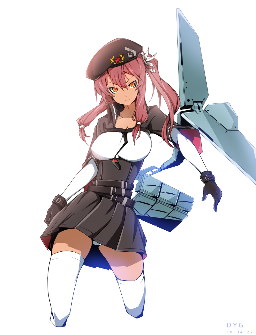 1girl absurdres artst_name bangs belt_buckle beret black_gloves blush breasts buckle closed_mouth cropped_legs dark_skin dated dayongqi eyebrows_visible_through_hair framed_breasts girls_frontline gloves hair_between_eyes hair_ornament hair_ribbon hat highres large_breasts long_hair long_sleeves looking_at_viewer machinery multiple_belts panties pantyshot pantyshot_(standing) purple_hair ribbon rigging saiga-12_(girls_frontline) shirt sidelocks simple_background skirt solo standing thigh-highs tress_ribbon twintails underbust underwear weapon white_background white_legwear white_panties white_shirt yellow_eyes