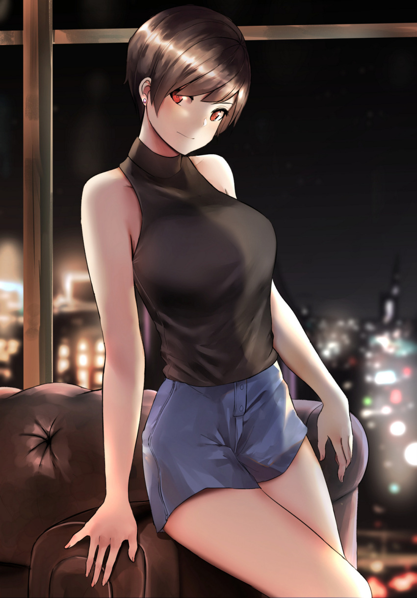 1girl bare_arms bare_shoulders black_hair black_shirt blue_shorts blush breasts brown_eyes brown_hair city_lights closed_eyes couch cowboy_shot earrings halter_top halterneck highres indoors jewelry large_breasts leaning looking_at_viewer night night_sky norman_maggot ol-chan_(norman_maggot) original red_eyes shiny shiny_hair shirt short_hair shorts sky sleeveless sleeveless_shirt sleeveless_turtleneck smile solo standing stud_earrings thighs turtleneck window