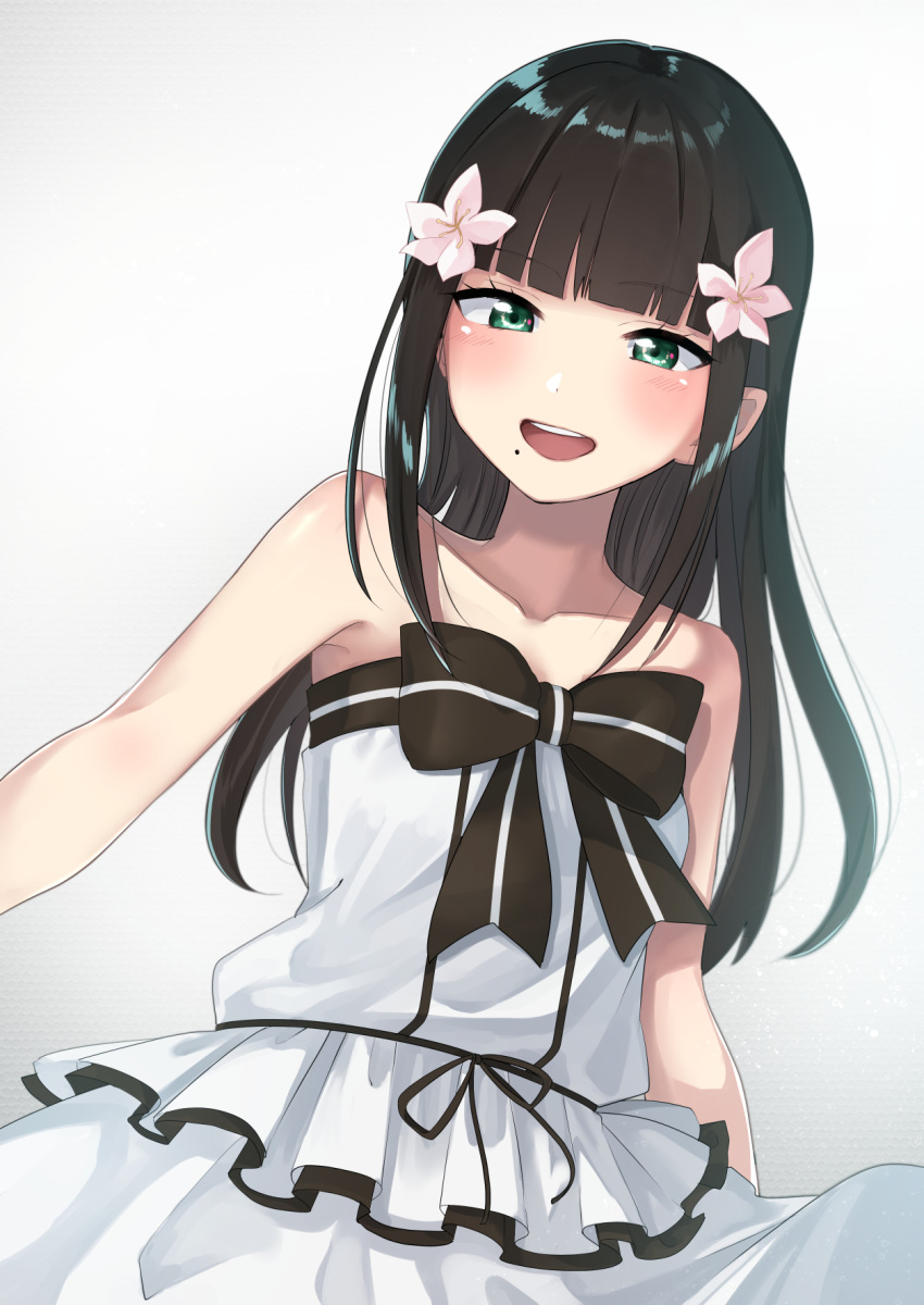 1girl :d bangs bare_shoulders black_hair black_neckwear blunt_bangs bow bowtie collarbone commentary_request dress flower green_eyes grey_background hair_flower hair_ornament highres kurosawa_dia long_hair love_live! love_live!_sunshine!! mole mole_under_mouth open_mouth smile solo strapless strapless_dress striped_neckwear torikoriko_please!! yuama_(drop)