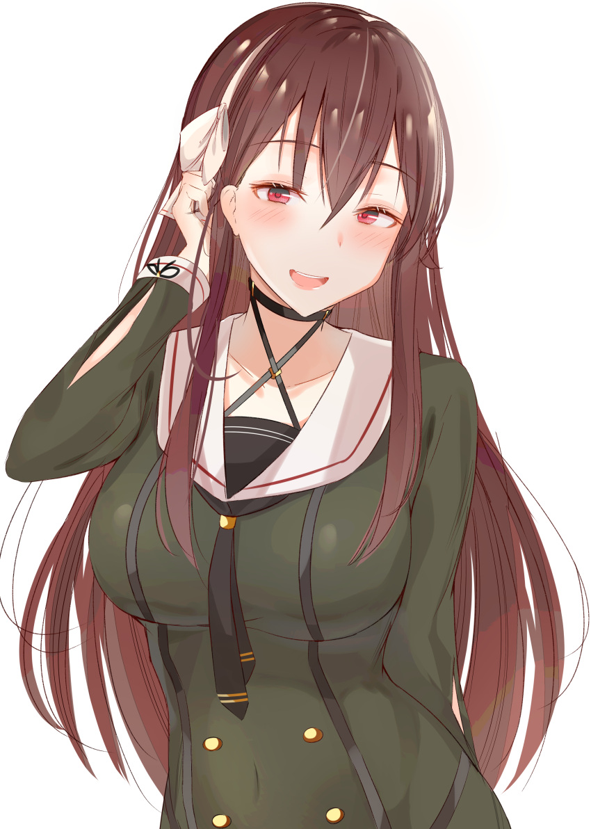 .live 1girl absurdres bangs blush breasts brown_hair dogxfish green_shirt hair_between_eyes hairband hand_in_hair highres large_breasts long_hair long_sleeves looking_at_viewer open_mouth red_eyes shirt simple_background smile solo standing upper_body very_long_hair virtual_youtuber white_background white_hairband yaezawa_natori