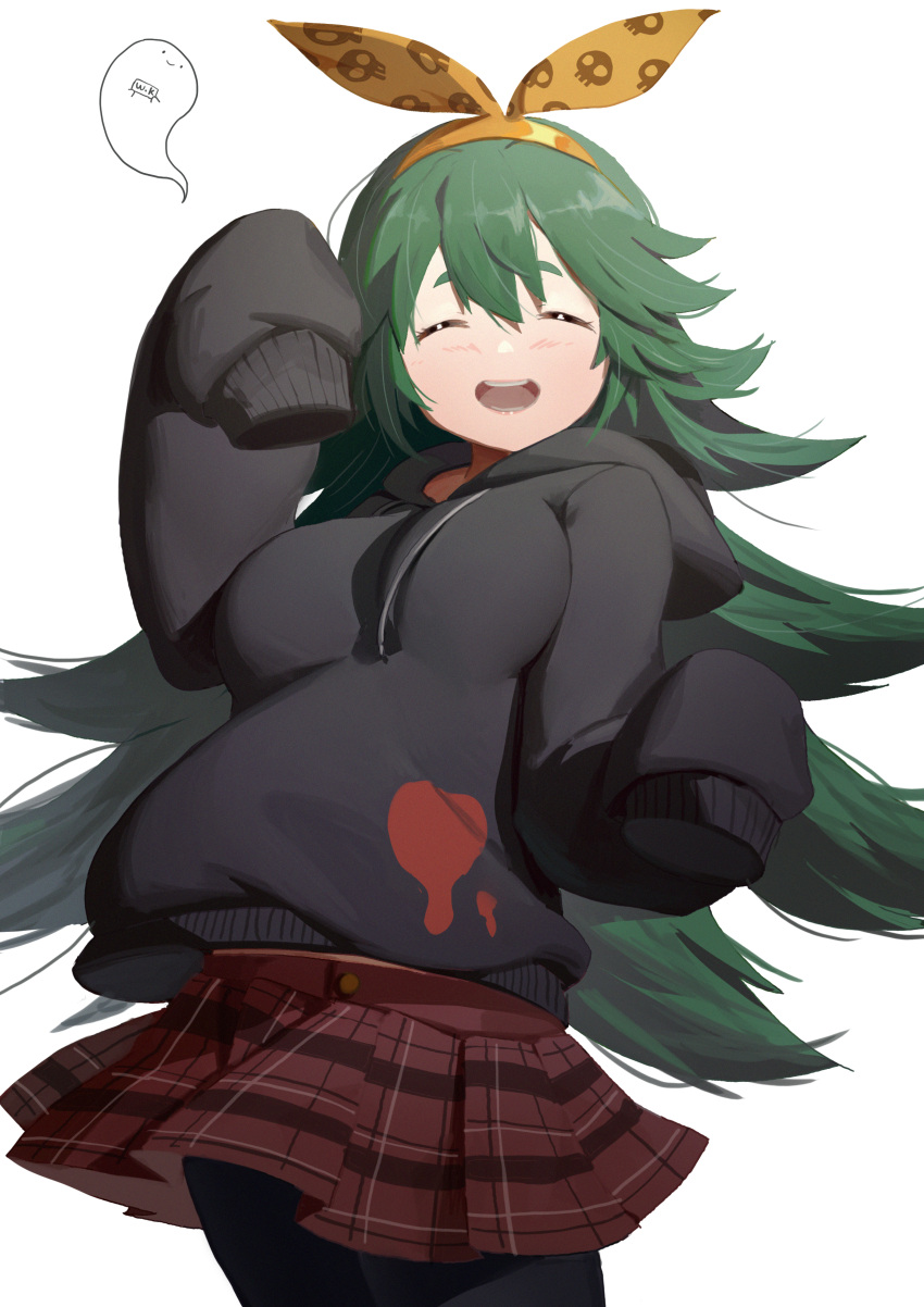 1girl :d absurdres bangs big_hair black_hoodie black_legwear bow breasts character_request closed_eyes facing_viewer girls_frontline green_hair hair_bow hairband hand_up highres hood hoodie large_breasts long_hair open_mouth pantyhose pleated_skirt red_skirt simple_background skirt sleeves_past_fingers smile solo standing waterkuma white_background yellow_bow