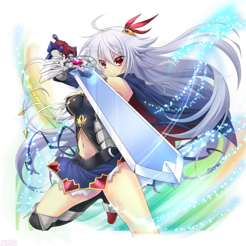 1girl ahoge black_footwear blue_cape blue_skirt boots breasts cape cleavage detached_sleeves eleonora_viltaria eyebrows_visible_through_hair floating_hair gloves hair_between_eyes hair_ornament highres holding holding_sword holding_weapon large_breasts long_hair looking_at_viewer madan_no_ou_to_vanadis midriff miniskirt navel one_leg_raised red_eyes red_gloves silver_hair skirt smile solo stomach sword thigh-highs thigh_boots very_long_hair weapon white_background