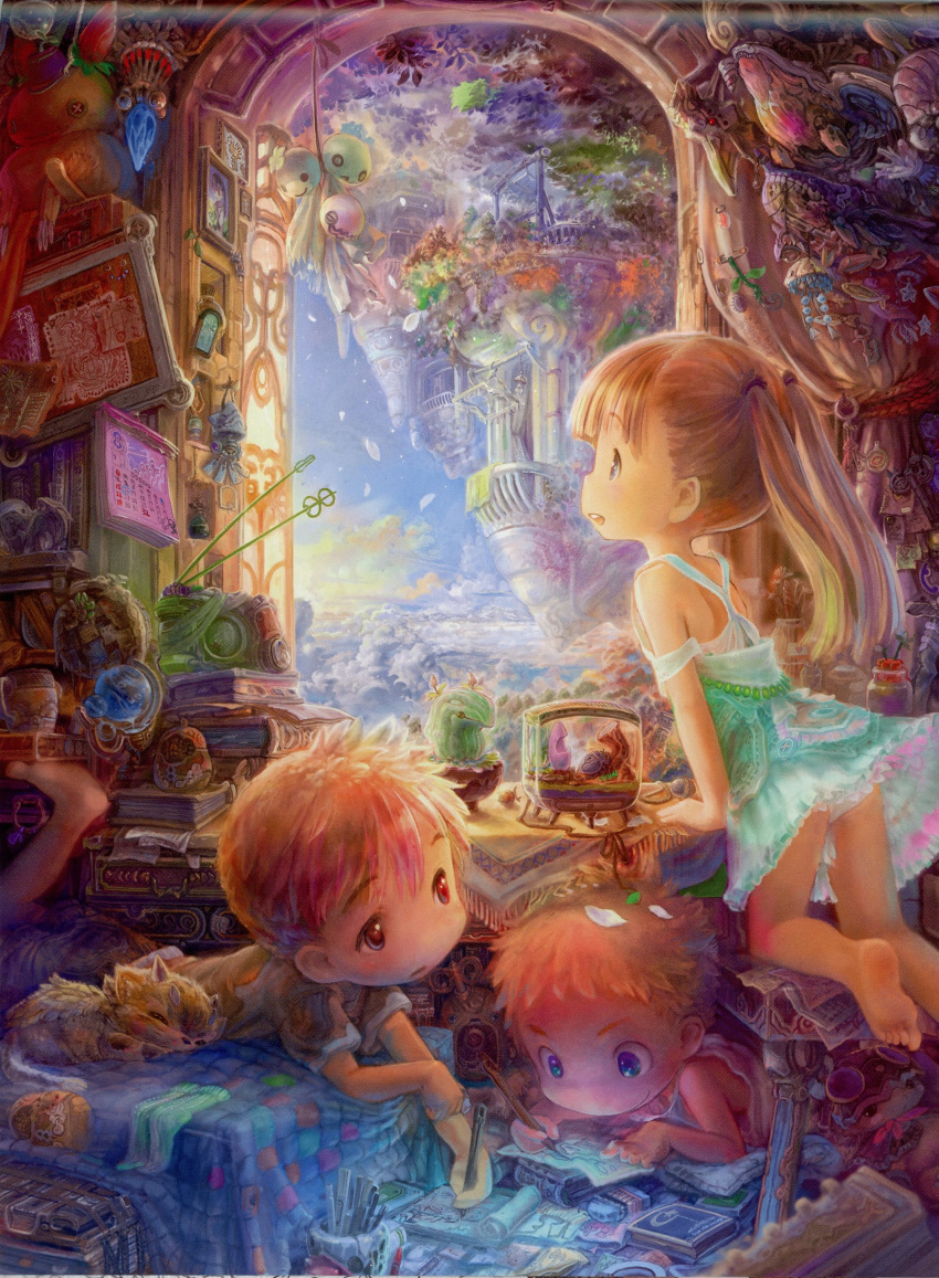 1girl 2boys absurdres barefoot bed bed_sheet blonde_hair blue_eyes book buttons calendar_(object) cat chair character_request child clock colorful cup doll dress fish highres leaf lying made_in_abyss map multiple_boys on_bed on_stomach orange_hair panties pantyshot pen pencil petals photo_(object) red_eyes room scan sky star teruterubouzu tree tsukushi_akihito underwear