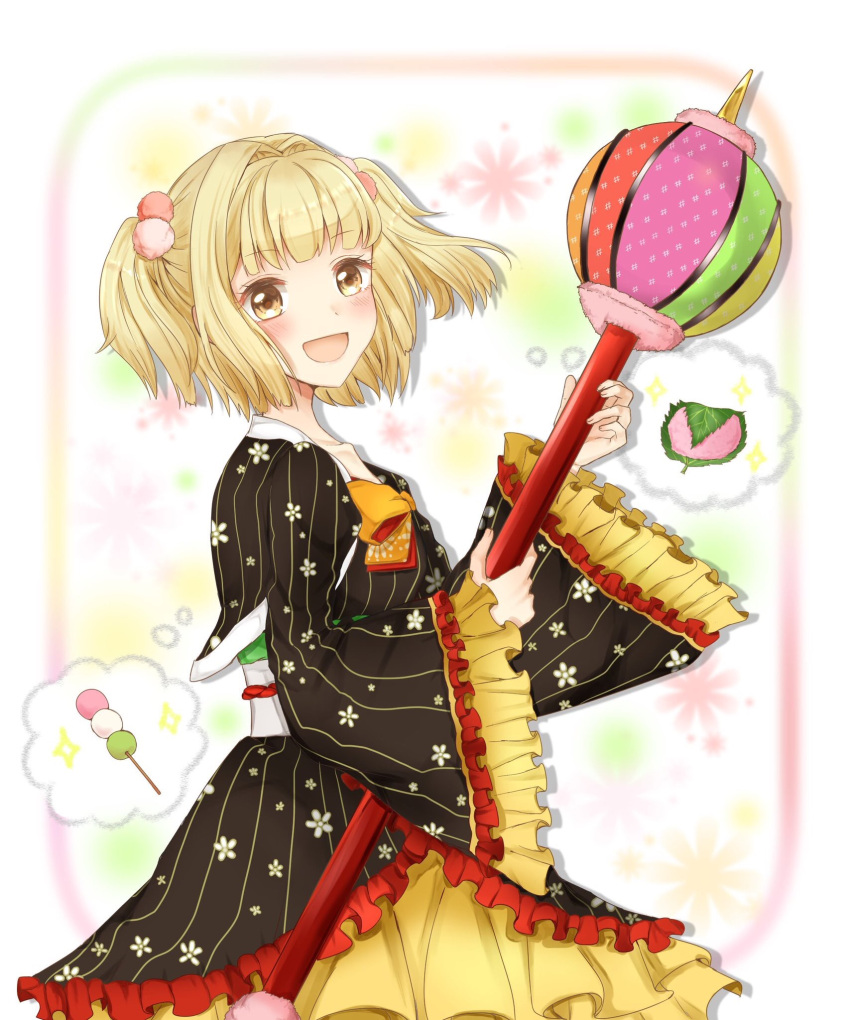 1girl :d blonde_hair blush brown_eyes dango food highres holding_rod iijima_yun izu_(17094901) kirara_fantasia looking_at_viewer medium_hair mochi new_game! open_mouth sakura_mochi short_twintails smile solo standing thought_bubble twintails wagashi wide_sleeves