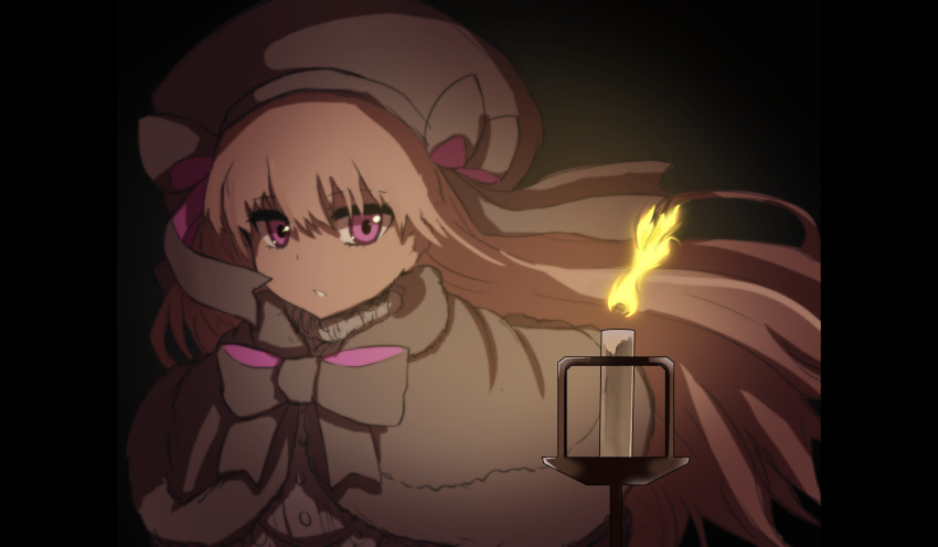 1girl absurdres bangs beret black_bow black_capelet black_dress black_hat bow candle candlelight capelet dress eyebrows_visible_through_hair fate/extra fate_(series) fire fur-trimmed_capelet fur_trim hair_between_eyes hat hat_bow highres long_hair looking_at_viewer nursery_rhyme_(fate/extra) parted_lips pillarboxed pink_eyes silver_hair solo very_long_hair wada_kazu