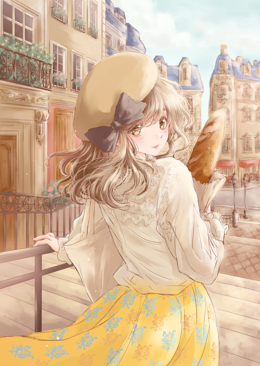 1girl bag baguette beret black_ribbon blouse blue_sky bread building chair city clouds day floral_print food grocery_bag hair_over_one_eye hand_on_railing handbag handrail hat hat_ribbon highres hoshiibara_mato lamppost light_brown_hair long_hair long_sleeves looking_at_viewer looking_back original outdoors parted_lips planter ribbon road shopping_bag sketch skirt sky solo stairs street table white_blouse wooden_floor yellow_eyes yellow_skirt
