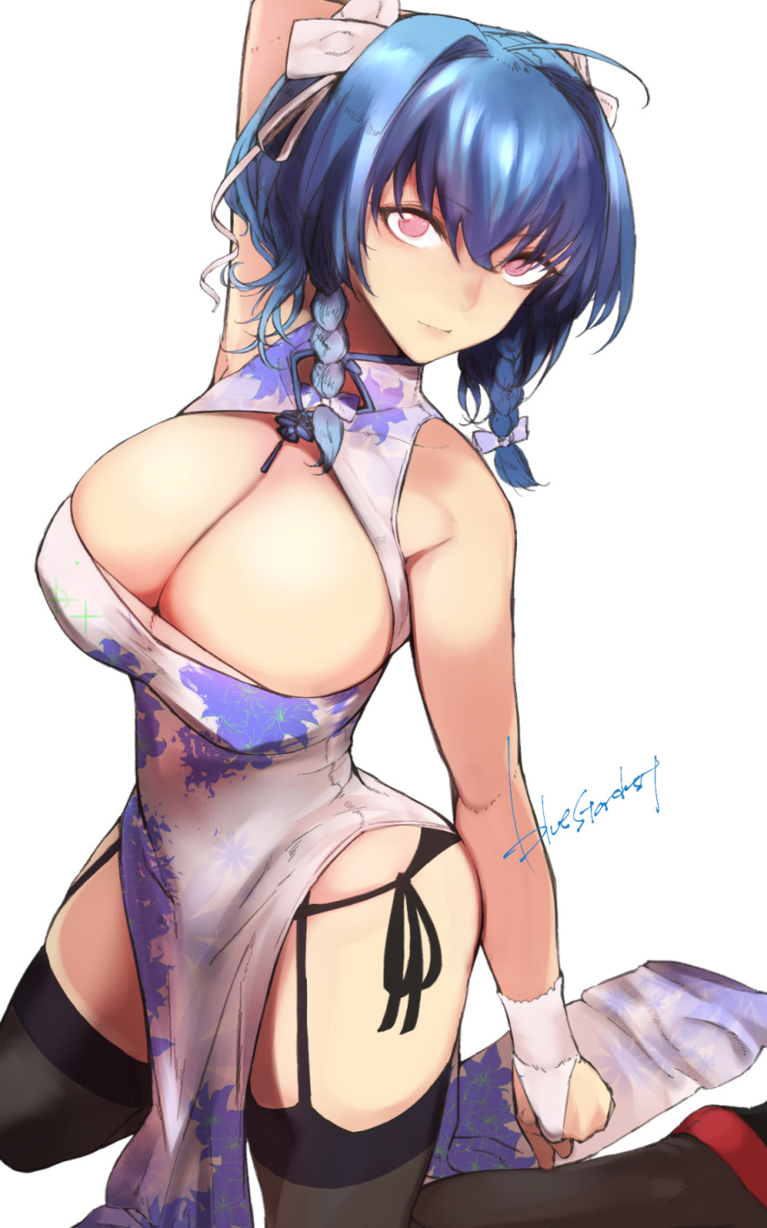 1girl ahoge alternate_costume arm_at_side arm_behind_head armpits azur_lane bangs bare_shoulders black_legwear black_panties blue_hair blush bow braid breasts bridal_gauntlets calligraphy_brush china_dress chinese_clothes cleavage cleavage_cutout closed_mouth commentary_request crossed_bangs dress eyebrows_visible_through_hair floral_print garter_straps gloves hair_between_eyes hair_bow hair_ribbon highres kneeling kojima_(blue_stardust) large_breasts long_hair looking_at_viewer paintbrush panties pelvic_curtain pumps purple_bow red_footwear ribbon side-tie_panties side_braid side_slit sidelocks signature simple_background smile solo st._louis_(azur_lane) thigh-highs thighs underwear violet_eyes white_background white_bow white_dress white_ribbon