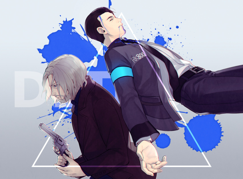 2boys armband beard blood blood_splatter blue_blood brown_hair byakuya0315 connor_(detroit) detroit:_become_human facial_hair grey_hair gun handgun hank_anderson jacket male_focus multiple_boys old_man revolver weapon