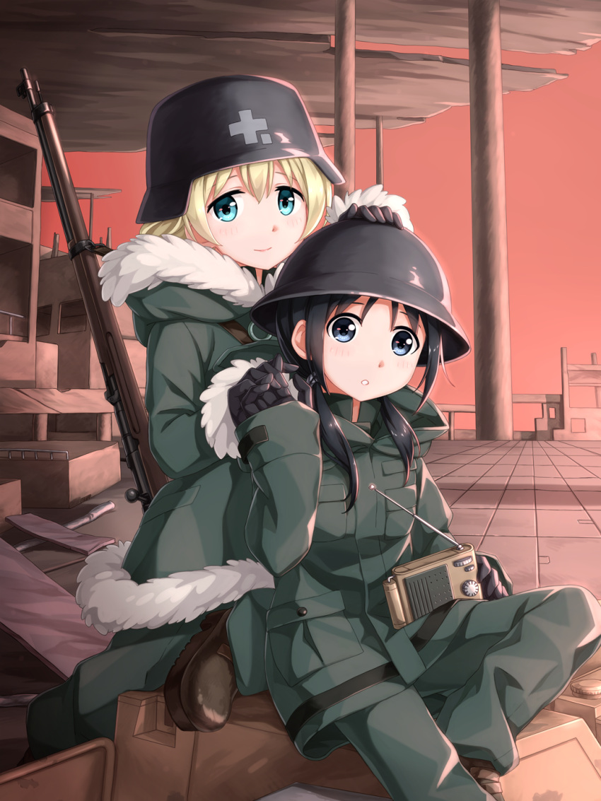 2girls black_eyes black_gloves black_hair blonde_hair blue_eyes chito_(shoujo_shuumatsu_ryokou) commentary_request fur-trimmed_hood fur-trimmed_sleeves fur_trim gloves gun hand_holding hand_on_another's_head helmet highres long_sleeves looking_at_viewer multiple_girls shoujo_shuumatsu_ryokou sitting tucana weapon yuuri_(shoujo_shuumatsu_ryokou)