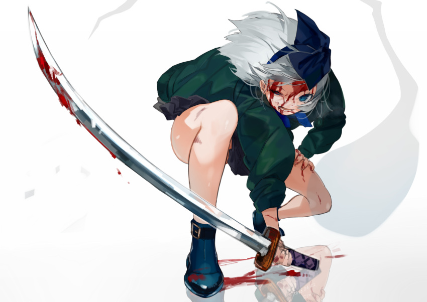 1girl artist_name bare_legs blood blood_on_face blue_eyes blue_footwear dated floating_hair gotoh510 green_jacket hair_ribbon hairband highres holding holding_sword holding_weapon jacket konpaku_youmu konpaku_youmu_(ghost) looking_at_viewer one_eye_closed open_mouth reflection ribbon shoes signature silver_hair simple_background solo sword touhou weapon white_background