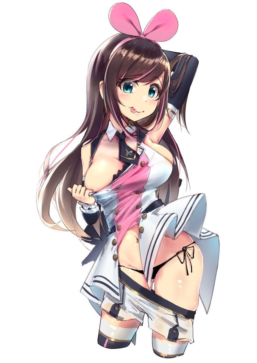 1girl :p a.i._channel absurdres arm_up bangs black_legwear black_neckwear black_panties blue_eyes blush breasts brown_hair cleavage closed_mouth commentary_request cropped_legs detached_collar detached_sleeves eyebrows_visible_through_hair groin hair_between_eyes highres kizuna_ai large_breasts long_hair long_sleeves looking_at_viewer multicolored_hair navel necktie panties pink_hair pulled_by_self shirt shirt_pull short_necktie short_shorts shorts shorts_pull side-tie_panties simple_background sleeveless sleeveless_shirt smile solo streaked_hair thigh-highs tongue tongue_out underwear very_long_hair virtual_youtuber white_background white_collar white_shirt white_shorts xiaoyu