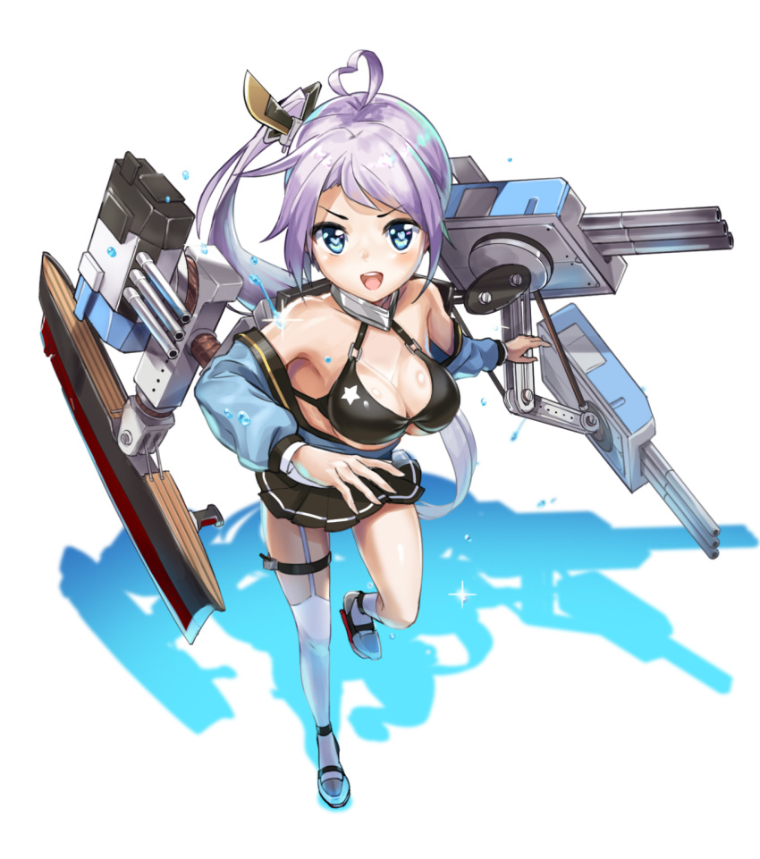 1girl ahoge azur_lane bangs bare_shoulders bikini blue_eyes blush breasts cannon cleavage eyebrows_visible_through_hair heart heart-shaped_pupils heart_ahoge highres large_breasts long_hair looking_at_viewer machinery mid-stride miniskirt noboriya off_shoulder one_side_up open_mouth pleated_skirt portland_(azur_lane) rigging rudder_shoes running side_ponytail sidelocks silver_hair single_thighhigh skirt smile sparkle star star_print swimsuit symbol-shaped_pupils thigh-highs thighs very_long_hair water_drop white_legwear