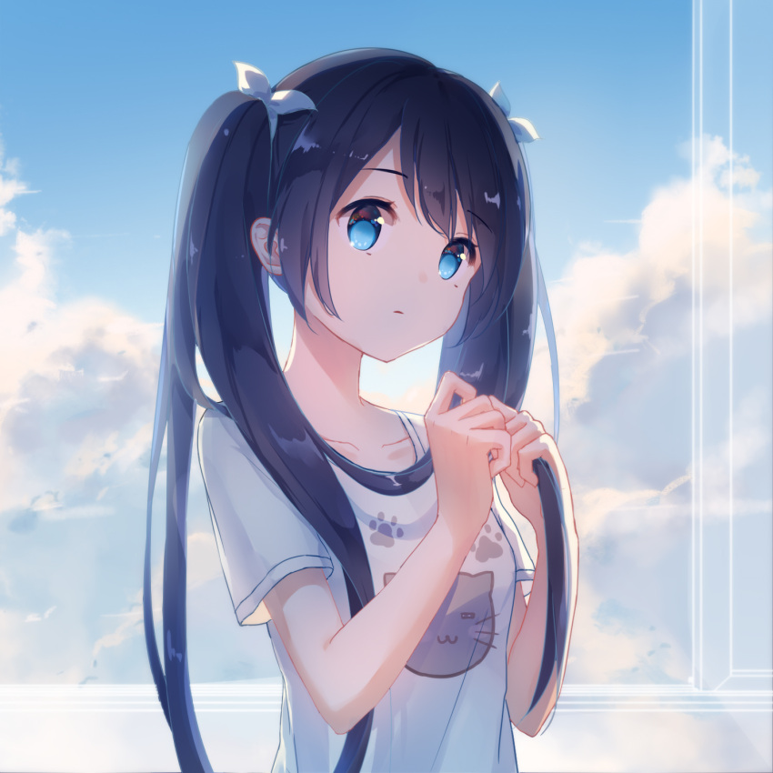 1girl animal_print black_hair blue_eyes blue_sky cat_print closed_mouth clouds collarbone day expressionless hair_ribbon hat highres indoors long_hair looking_at_viewer open_window original print_shirt ribbon shirt short_sleeves sky solo tate_eboshi twintails white_ribbon white_shirt window yue_yue