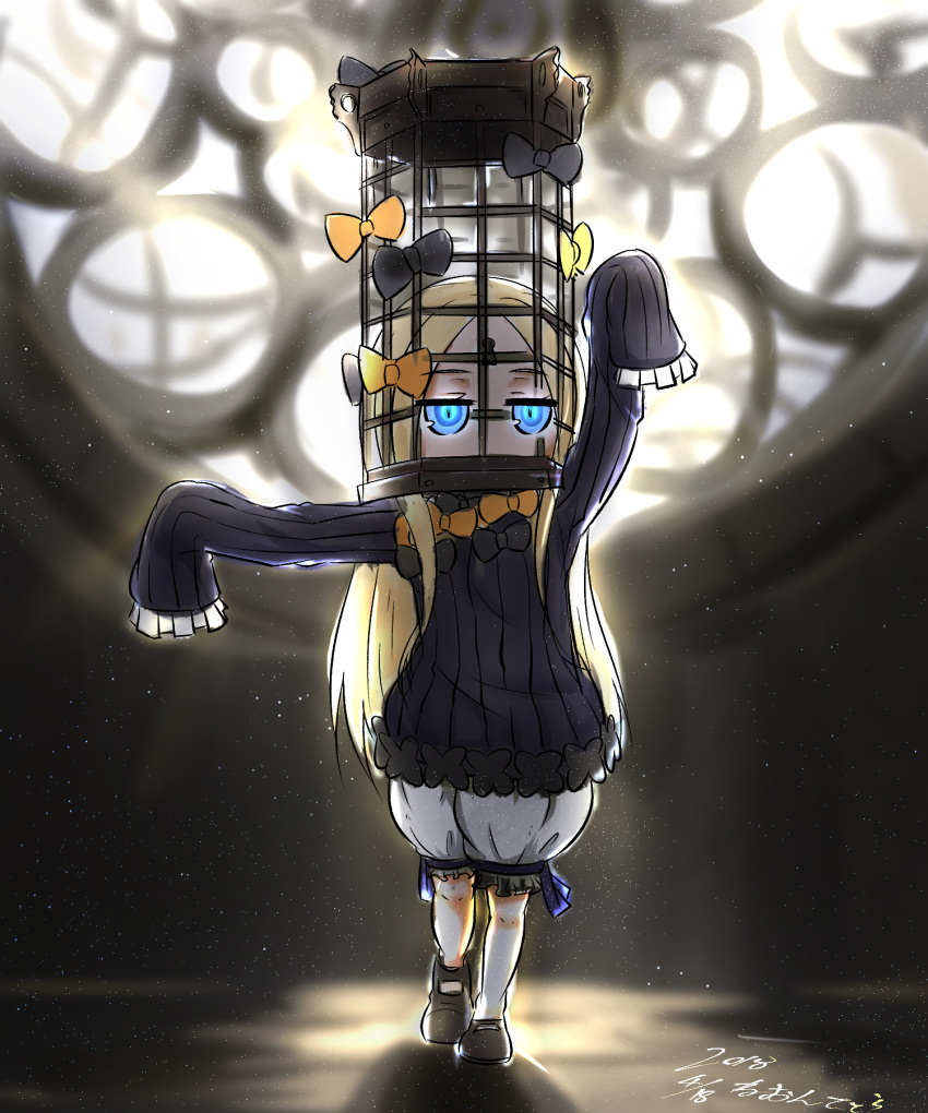 1girl abigail_williams_(fate/grand_order) arm_up bangs black_bow black_dress black_footwear black_hat blonde_hair bloodborne bloomers blue_eyes bow bug butterfly cage covered_mouth dated dress fate/grand_order fate_(series) glowing glowing_eyes hair_bow hat highres insect long_hair long_sleeves looking_at_viewer neon-tetora object_hug orange_bow outstretched_arm parted_bangs polka_dot polka_dot_bow shoes signature sleeves_past_fingers sleeves_past_wrists solo standing standing_on_one_leg stuffed_animal stuffed_toy teddy_bear underwear very_long_hair white_bloomers