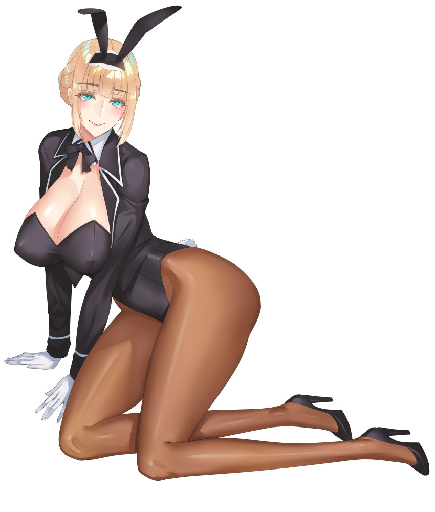 1girl animal_ears aqua_eyes arm_support bangs black_jacket blonde_hair blunt_bangs blush bow bowtie braid breasts bunny_girl bunny_tail bunnysuit check_commentary cleavage commentary commentary_request daglasses detached_collar erect_nipples eyebrows_visible_through_hair eyelashes fake_animal_ears french_braid full_body gloves hairband high_heels highleg highleg_leotard highres hips jacket kneeling large_breasts legs leotard lips looking_at_viewer open_clothes open_jacket original pantyhose rabbit_ears sidelocks simple_background smile solo tail thighs white_background white_gloves wrist_cuffs