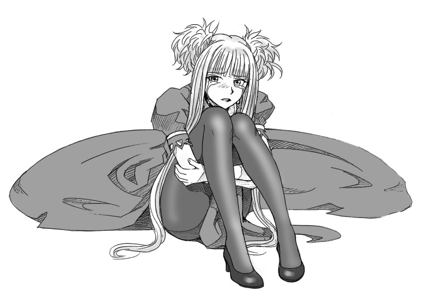 1girl aoki_hagane_no_arpeggio bangs bbb_(friskuser) blunt_bangs blush choker crying dress full_body graphite_(medium) greyscale high_heels knees kongou_(aoki_hagane_no_arpeggio) leg_hug legs lips lipstick looking_to_the_side makeup monochrome pantyhose parted_lips short_hair_with_long_locks short_sleeves sidelocks sitting solo tears traditional_media two_side_up