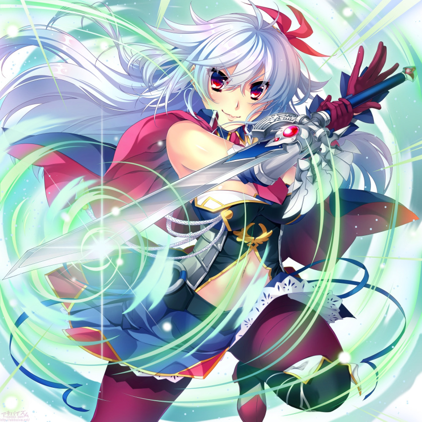 1girl blue_skirt breasts cape detached_sleeves eleonora_viltaria eyebrows_visible_through_hair floating_hair gloves hair_between_eyes hair_ribbon highres holding holding_sword holding_weapon large_breasts long_hair looking_at_viewer madan_no_ou_to_vanadis midriff miniskirt navel one_leg_raised pantyhose red_eyes red_gloves red_legwear red_ribbon ribbon silver_hair skirt smile solo stomach sword very_long_hair weapon