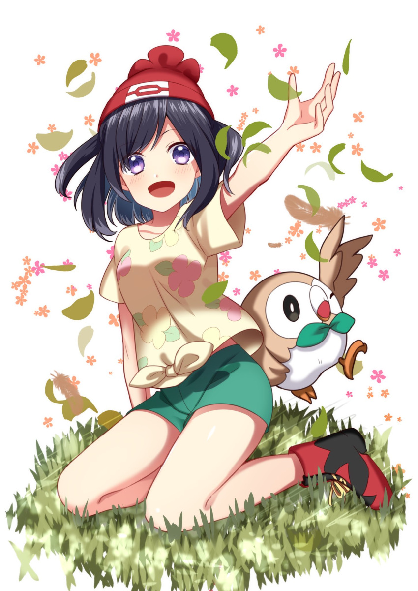 arm_up black_hair floral_print grass hat highres mizuki_(pokemon_sm) one_eye_closed pokemon rowlet short_hair shorts violet_eyes yuihiko