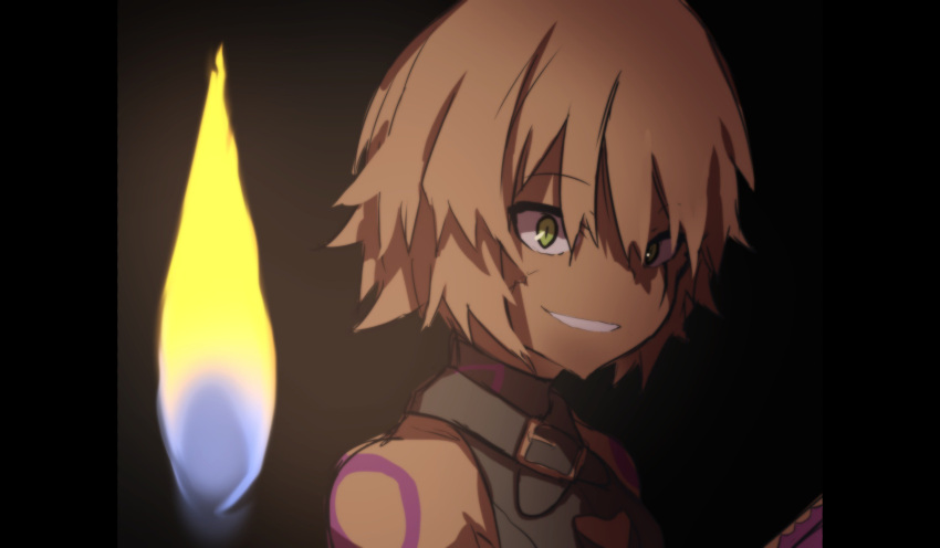 1girl absurdres bangs bare_shoulders black_shirt candlelight eyebrows_visible_through_hair facial_scar fate/grand_order fate_(series) fire green_eyes grin hair_between_eyes highres jack_the_ripper_(fate/apocrypha) looking_at_viewer pillarboxed scar scar_across_eye scar_on_cheek shirt short_hair shoulder_tattoo silver_hair sleeveless sleeveless_shirt smile solo tattoo wada_kazu