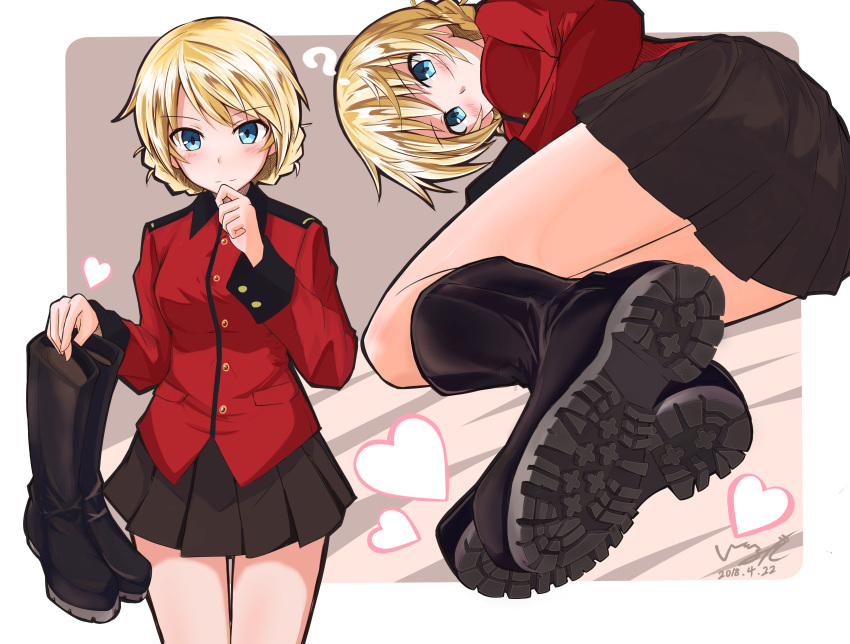 1girl 2018 absurdres black_skirt blonde_hair blue_eyes blush boots_removed braid darjeeling dated french_braid girls_und_panzer heart highres holding_boots isofude multiple_views outside_border skirt st._gloriana's_military_uniform white_border