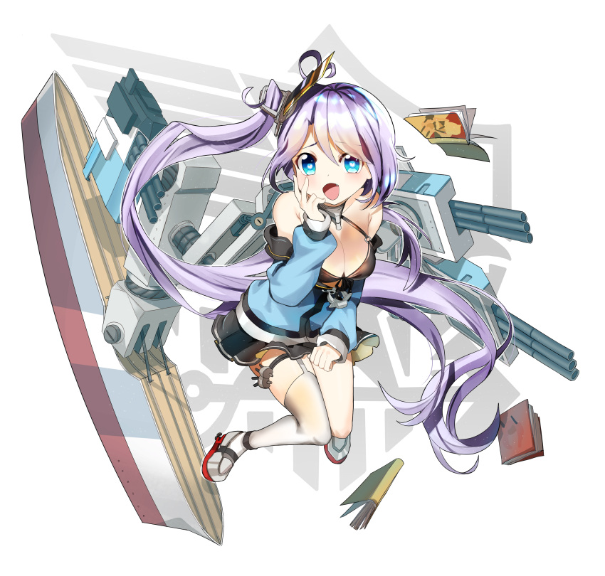 1girl absurdres ahoge anchor_symbol azur_lane bangs bare_shoulders blue_eyes blush book breasts cannon cleavage eyebrows_visible_through_hair floating full_body garter_straps hair_between_eyes hair_ornament hand_to_own_face heart heart-shaped_pupils heart_ahoge highres jin_kwon large_breasts light_particles long_hair looking_at_viewer machinery medium_breasts off_shoulder one_side_up open_mouth pleated_skirt portland_(azur_lane) remodel_(azur_lane) rigging rudder_shoes side_ponytail sidelocks silver_hair simple_background skirt smile symbol-shaped_pupils thigh-highs thigh_strap very_long_hair white_background white_legwear
