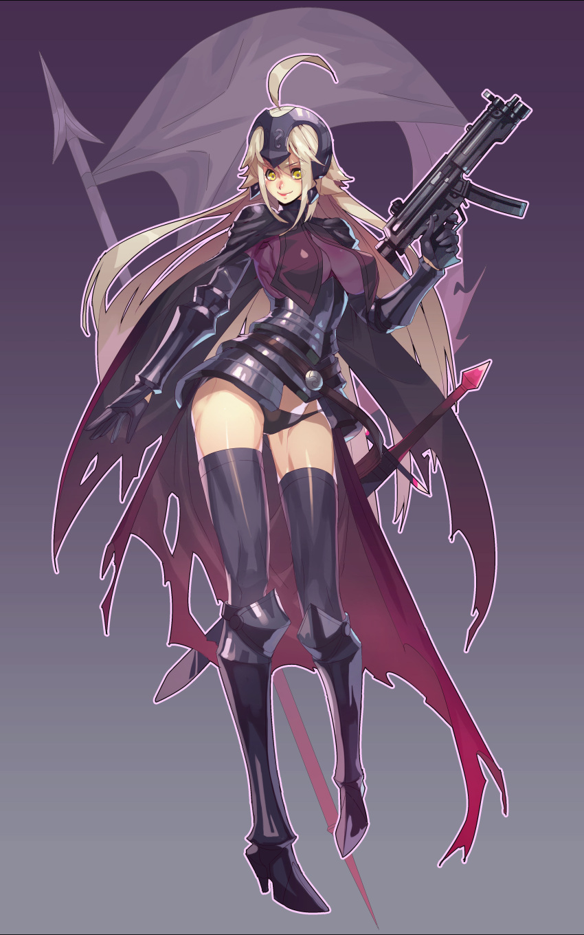 1girl absurdres ahoge armor armored_boots black_footwear black_panties blonde_hair boots breasts cape fate/grand_order fate_(series) fengmo_bojue flag gun headpiece high_heel_boots high_heels highres huge_ahoge jeanne_d'arc_(alter)_(fate) jeanne_d'arc_(fate)_(all) large_breasts lips long_hair looking_at_viewer panties smile solo thigh-highs thigh_gap underwear vambraces very_long_hair weapon