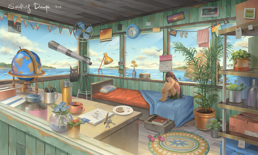 1girl barefoot bed_sheet bird black_hair book bottle box calendar clock closed_eyes clouds coffee_cup cup disposable_cup drawer fan flower food globe highres horizon hut indoors island jar key kitsu+3 knees_to_chest lamp light_rays long_hair mug ocean on_bed original pencil pillow plant plate potted_plant rock rug scenery seagull shelf shorts signature sitting sitting_on_bed sky slippers smile socks tank_top telescope thermos towel wooden_floor