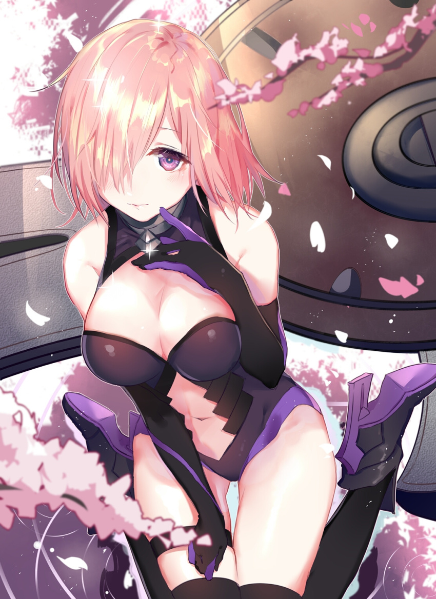 1girl akira_(ying) bangs bare_shoulders black_footwear black_gloves black_legwear black_leotard blurry blurry_foreground blush boots breasts cleavage closed_mouth commentary_request depth_of_field elbow_gloves fate/grand_order fate_(series) flower gloves hair_over_one_eye hand_on_own_chest hand_up high_heel_boots high_heels highres large_breasts leotard looking_at_viewer mash_kyrielight navel petals pink_flower pink_hair ripples shield short_hair sitting solo thigh-highs violet_eyes wariza water