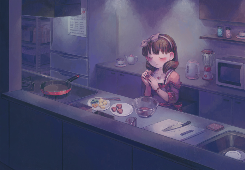 1girl apron blender blush bow bowl bracelet brown_hair chopsticks closed_eyes commentary_request cooking cup cupboard cutting_board earrings food frying_pan hair_bow hairband handkerchief heart idolmaster idolmaster_cinderella_girls indoors jewelry kitchen kitchen_knife knife microwave necklace pink_hairband plate refrigerator sakuma_mayu sasasasa sink smile solo stove teacup teapot water_boiler