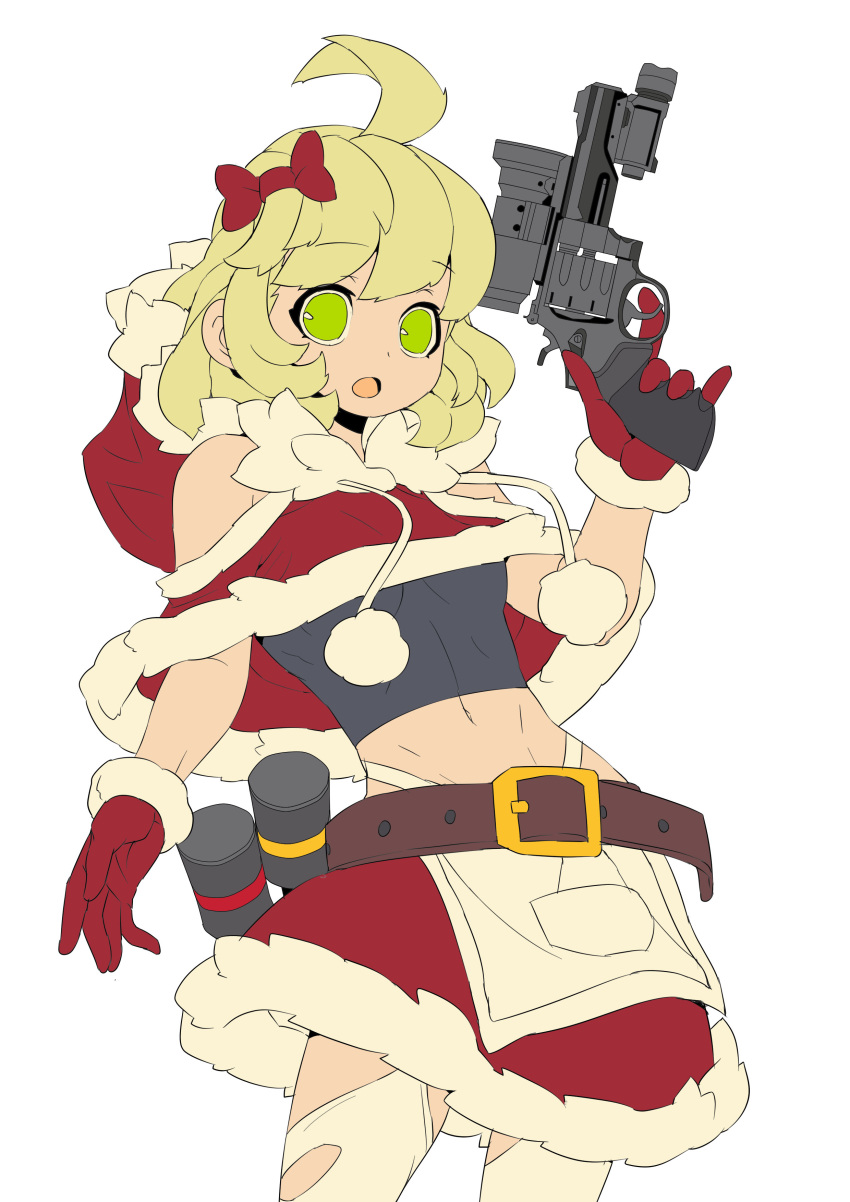 1girl abs absurdres ahoge apron bare_shoulders belt bow breasts fengmo_bojue fur_trim gloves green_eyes gun hair_bow handgun highleg highres holding holding_gun holding_weapon hood laser_sight medium_hair navel open_mouth original pinky_out red_bow red_gloves red_skirt revolver scope simple_background skirt small_breasts solo thigh-highs thong torn_clothes torn_thighhighs waist_apron weapon weapon_request white_background white_legwear work_in_progress