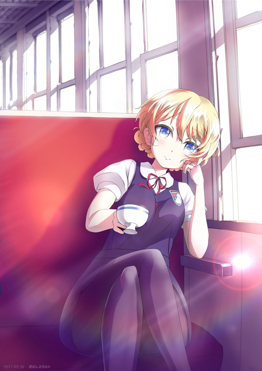 1girl absurdres adapted_uniform artist_name bangs bench blonde_hair blue_dress blue_eyes braid chin_rest closed_mouth collared_shirt commentary_request cup darjeeling dated dress emblem eyebrows_visible_through_hair girls_und_panzer hand_in_hair highres holding indoors leaning_to_the_side legs_crossed lens_flare light_smile looking_at_viewer neck_ribbon puffy_sleeves red_neckwear ribbon school_uniform shirt short_dress short_hair sitting solo st._gloriana's_(emblem) summer_uniform sunlight teacup tied_hair tonan_leopard twin_braids white_shirt window