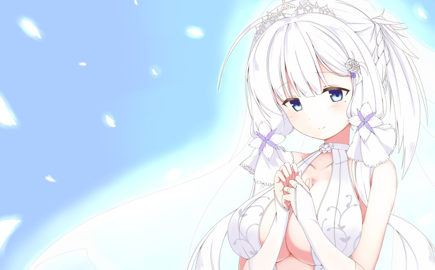 1girl alternate_costume azur_lane bangs bare_shoulders blue_eyes blue_sky blunt_bangs blush braid breasts bridal_gauntlets bridal_veil choker cleavage closed_mouth collarbone dress elbow_gloves eyebrows_visible_through_hair feathers french_braid gloves glowing hair_ornament hair_ribbon hands_together hat highres illustrious_(azur_lane) jewelry large_breasts long_hair looking_at_viewer low_twintails mamizu mole mole_under_eye no_bra ribbon ring sky smile solo tress_ribbon twintails upper_body veil wedding_band wedding_dress white_dress white_gloves white_hair
